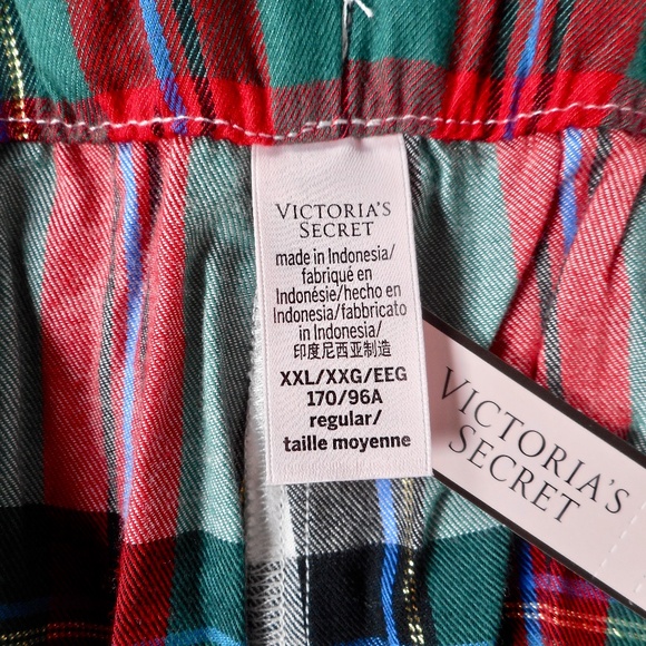 NWT Victoria Secret Flannel Pajama Set XXL 3pc Lounge White Red Green Plaid - Picture 11 of 12